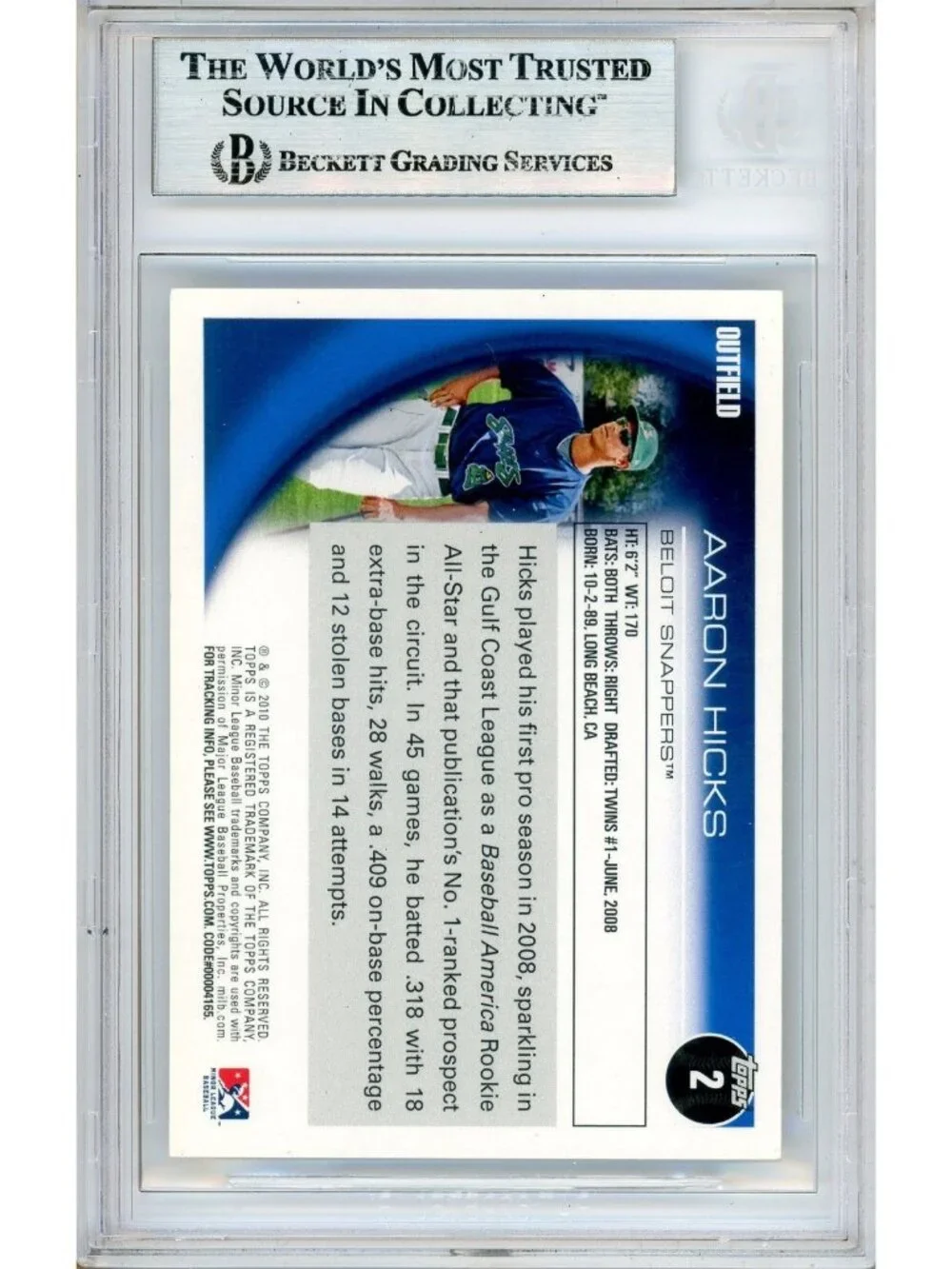Aaron Hicks Signed 2010 Topps Pro Debut #2 Slabbed Card